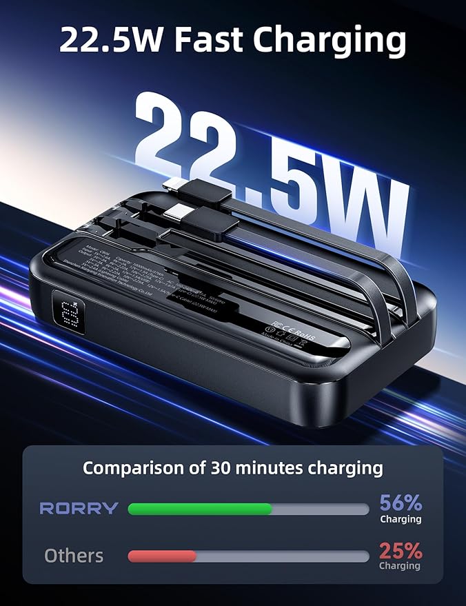 RORRY Portable Charger Built in Cables, AC Wall Plug In Portable Charger Power Bank 10000mAh Travel Battery Pack 22.5W Fast Charging for iPhone 17/16/15 Samsung Galaxy S24/S23/S22 Pixel LG iPad, Black