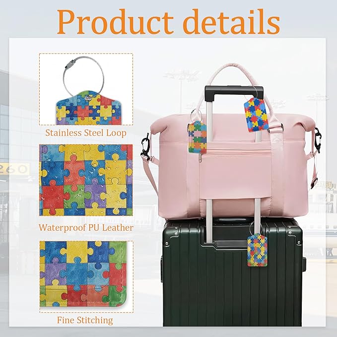 Jigsaw Puzzle 3 Pack Luggage Tag for Suitcase, Unique Leather Travel Tags Identifiers with Privacy Name Address Labels & Durable Steel Loop for Women Men Travel