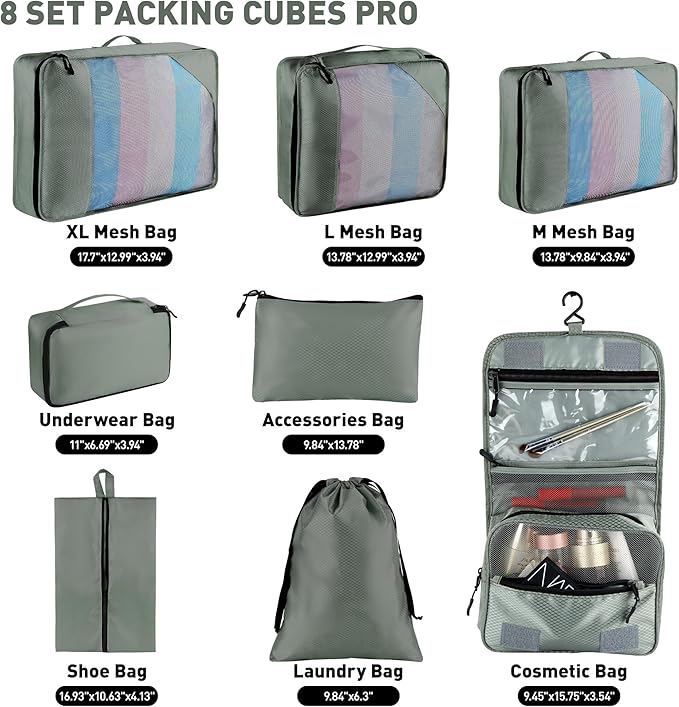 8-Piece Packing Cubes for Travel, Mesh Luggage Organizers with Shoe Bag, Toiletry Bag, Laundry Pouches, 4 Sizes (XL/L/M/S) for Suitcase Organization, Men Women Kids, Avocado Green
