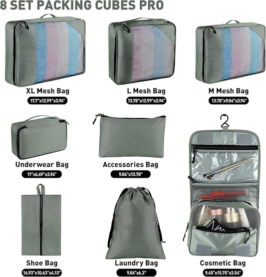 8-Piece Packing Cubes for Travel, Mesh Luggage Organizers with Shoe Bag, Toiletry Bag, Laundry Pouches, 4 Sizes (XL/L/M/S) for Suitcase Organization, Men Women Kids, Avocado Green