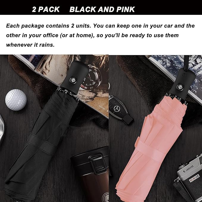 SIEPASA Two Packs Auto Open & Close Small Travel Umbrella Compact for Backpack-Umbrellas for Rain, Windproof Lightweight Strong Mini Portable Umbrellas for Men and Women.(Black & Pink, 2 Pack)