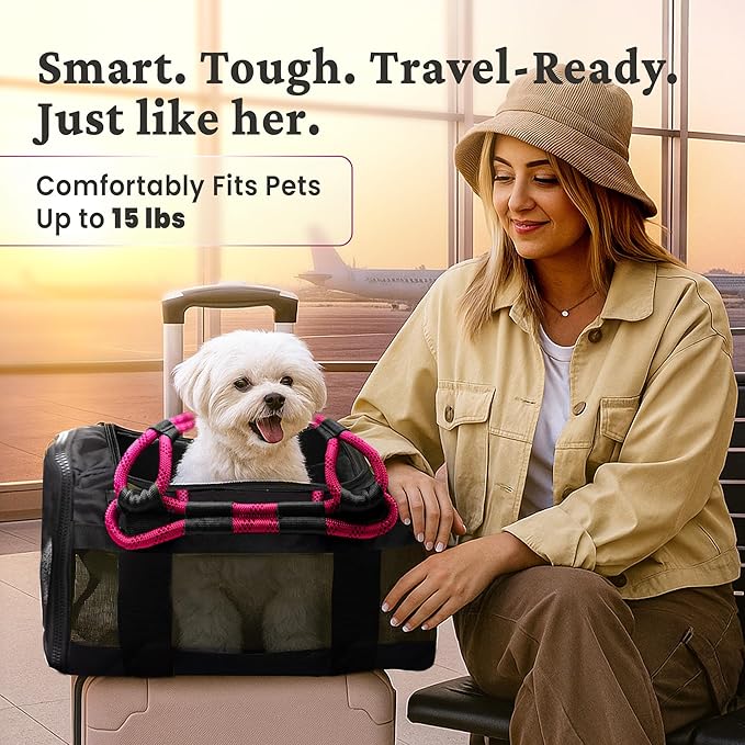 FLUFFY COMMUTE™ TSA Airline Approved Dog Carrier | Soft-Sided | Fits Small Dogs & Pets Up to 15 lbs & 17” Long × 11” Tall | Black w/Pink Handle