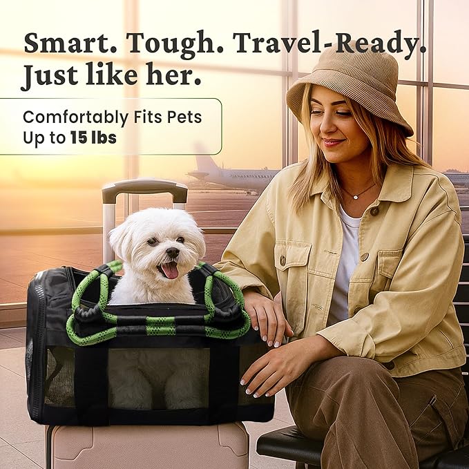 FLUFFY COMMUTE™ TSA Airline Approved Dog Carrier | Soft-Sided | Fits Small Dogs & Pets Up to 15 lbs & 17” Long × 11” Tall | Black w/Green Handle