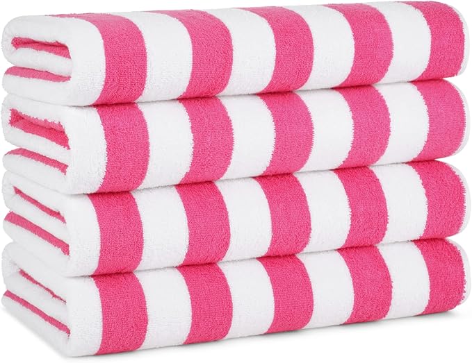 Arkwright California Cabana Stripe Beach Towel - Pack of 4, Large Soft Quick Dry Cotton Terry Towels Set for Pool, Swim, and Hot Tub, Oversized 30 x 70 in, Pink