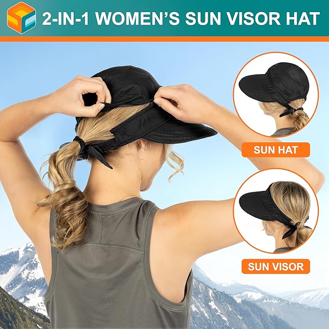 SUN CUBE Women Sun Hat for Outdoor UV Protection, Wide Brim Sun Hat Ponytail, Convertible Zip-Off Beach Hat Visor