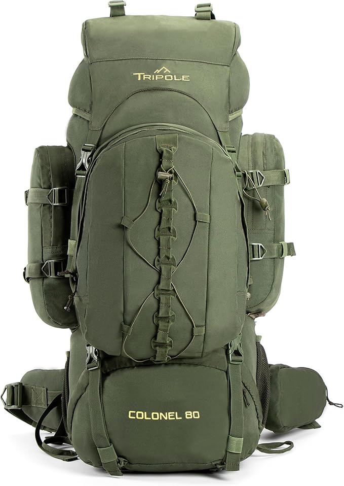 Tripole Colonel 80 Litres Internal Frame Rucksack + Detachable Day Pack, Rain Cover, Army Green