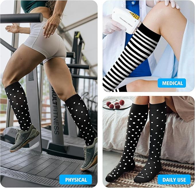 LEVSOX Thick Cotton Compression Socks for Women&Men 20-30mmHg Knee High Cute Support Sock for Nurses, Pregnancy, Travel