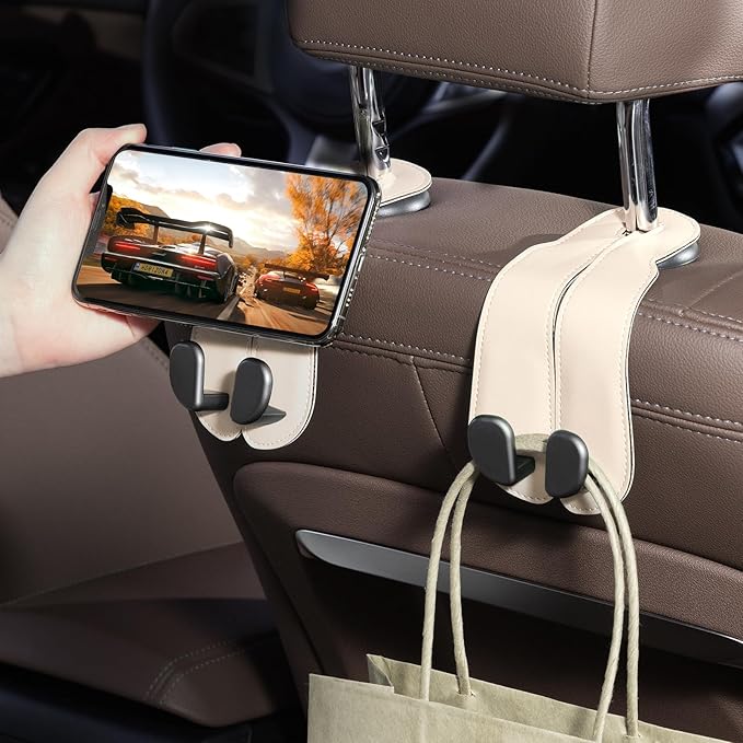 CoBak Headrest Hooks for Car - Universal Premium Stitched Leather and Aluminum-Magnesium Alloy Double Car Seat Back Storage Hook for Purses, Handbags, Bags (2 Pack),Beige