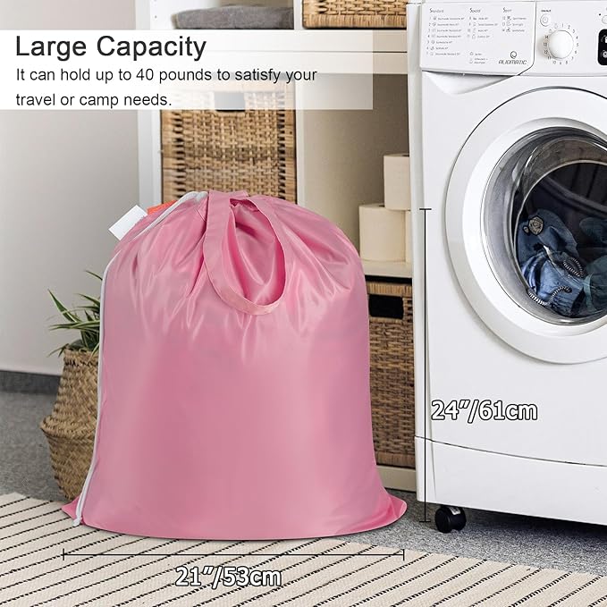 Polecasa Small Heavy Duty Laundry Bag with 130gsm Tear Resistant Fabric and Handles, Easy to Carry Durable Dirty Clothes Drawstring Bag, Perfect for College Dorm, Travel, 2 Pack 21”x24”,Pink