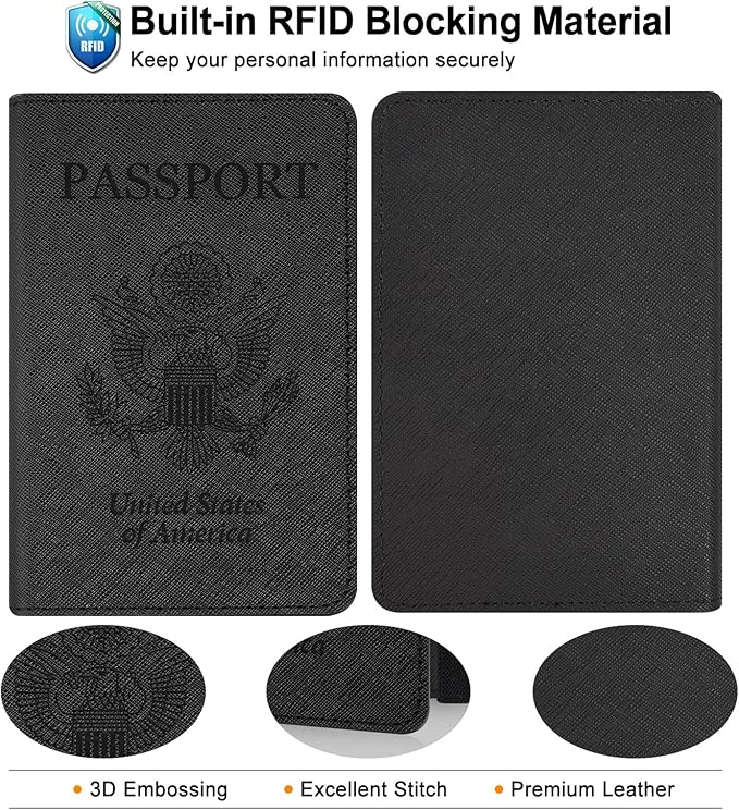 RSAquar Passport and Vaccine Card Holder Combo, Passport Holder Cover Wallet, Leather Card Case Travel Accessories with RFID Blocking for Women and Men, Y-Black