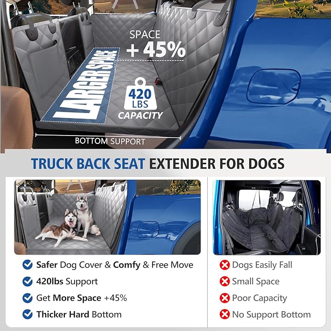 XL Truck Back Seat Extender for Dogs, Dog Seat Cover Back Seat Supports 420lbs, Hard Bottom Pet Seat Covers for Crew Cab Trucks, Dog Hammock for F150, RAM1500, Sierra, Tundra, Silverado, Titan Grey