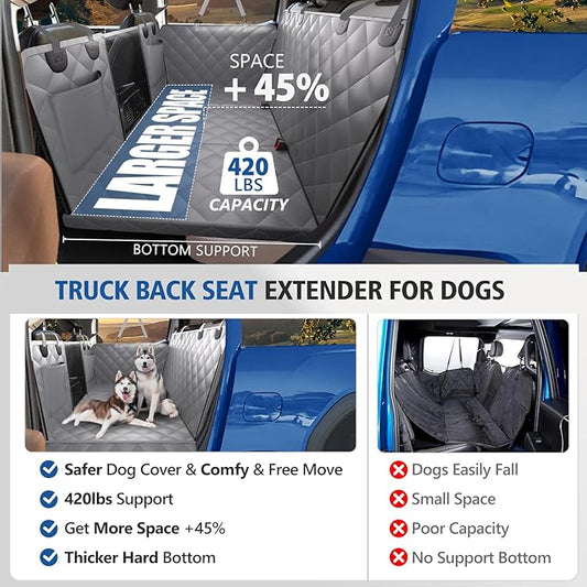 XL Truck Back Seat Extender for Dogs, Dog Seat Cover Back Seat Supports 420lbs, Hard Bottom Pet Seat Covers for Crew Cab Trucks, Dog Hammock for F150, RAM1500, Sierra, Tundra, Silverado, Titan Grey