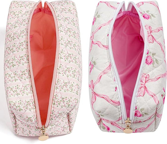 Makeup Bag Travel Cosmetic Bag for Women Girls, Zipper Make Up Pouch, Floral Flowers Toiletry Organizer Makeup, Portable Storage Bag, Cosmetic Travel Cloth Bag (Pink+Pink Bowknot)