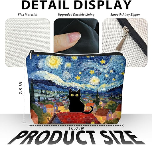 Black Cat Makeup Bag, Black Cat Mom Lovers Lady Gifts Cosmetic Bag for Women, Pet Lover Gifts, Celestial Starry Night Kitten Small Toiletry Bags Zipper Makeup Pouch