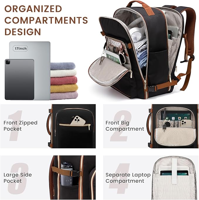 LOVEVOOK 40L Large Travel Backpack for Women Men, 17 Inch Carry on Backpack for Traveling on Airplane, Personal Item Bag Airline Approved, Business Causal Weekender Backpack, Black-Brown