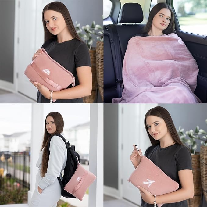 BlueHills 2 Pack Travel Blanket Pillow in Mini Soft Case Premium Plush Airplane Blankets Soft Bag Compact with Luggage Belt and Backpack Clip Small Traveling Pillows Lightweight Accessories - Pink M22