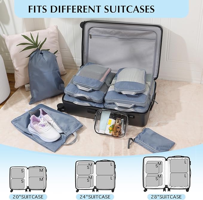 Lightweight Compression Packing Cubes for Suitcases, Compressible Expandable Travel Packing Organizer with Clear Toiletries and Backpack Bag, Travel Essentials for Carry on Luggage 7 Set