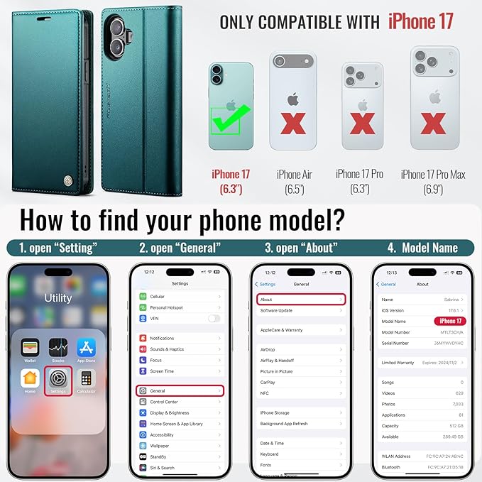 PlusnapX Wallet Case for iPhone 17 Compatible with Magsafe, 2-in-1 PU Leather Flip RFID Blocking Card Holder Stand Shockproof Magnetic Detachable Cover for iPhone 17 Case 6.3", Bluegreen