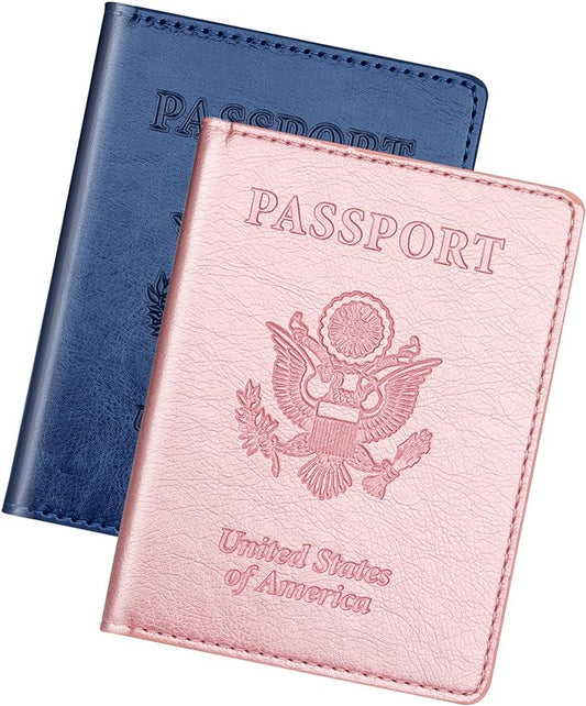 Herain Passport Holder 2Pcs, Passport Cover Wallet Case for Women Men Family, Passports Book Holders Travel Must Haves Cruise Ship Essentials (Dark Blue & Rose Gold)