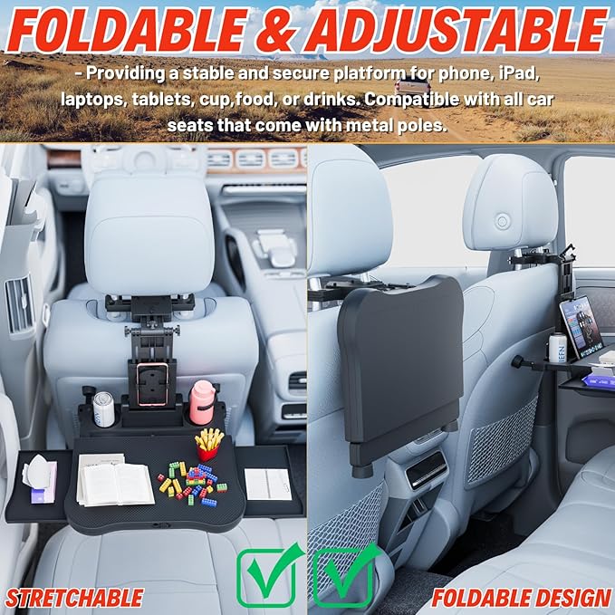 Large Car Desk for Laptop | Steering Wheel Tray Table | Foldable Back Headrest Seat Eating Food Trays with Drinks Cupholder Phone Tablet Holder for Kids | Car Travel Essentials for Long Trips