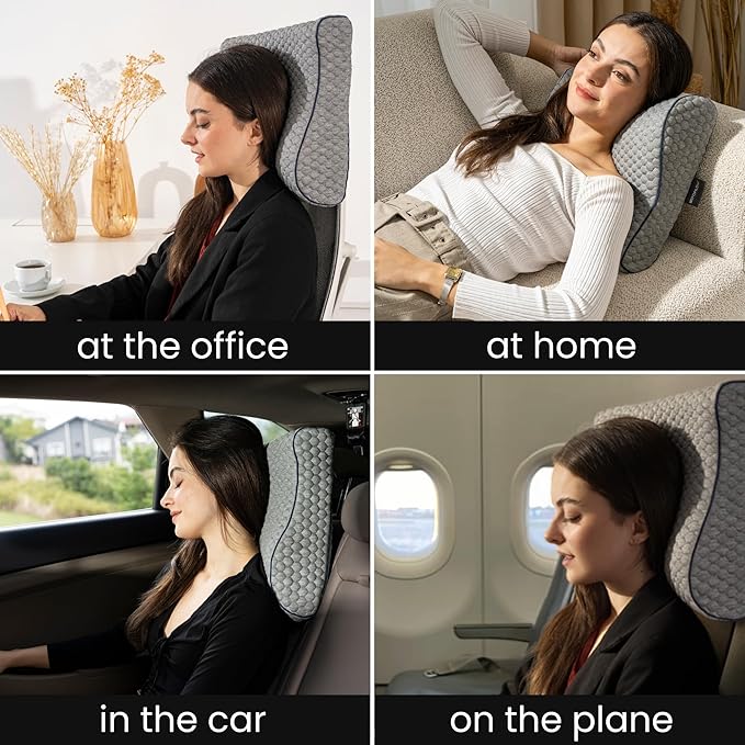 Memory Foam Travel Pillow with Washable Cover & Carry Bag – Compact, Soft & Breathable Neck Pillow for Airplane, Camping & Car (Gray- with Extra Gray Cotton Cover, 13.8x11.8x3.9/3.1 inches)