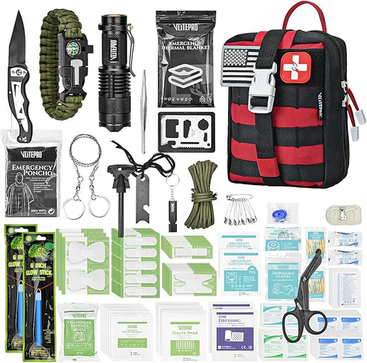 242Pcs Survival First Aid Kit Molle System IFAK Medical Kit for Camping Hiking Hunting Car&Home Emergency, Earthquake Preparedness Lightweight Tactical Kit for Outdoor Enthusiasts (Red)