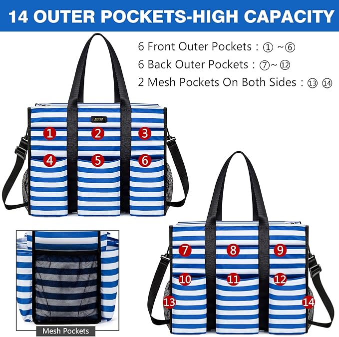 IBFUN Utility Tote Bag with 14/24 Pockets Zip Top Teacher Tote Bag for Teacher/Work Women