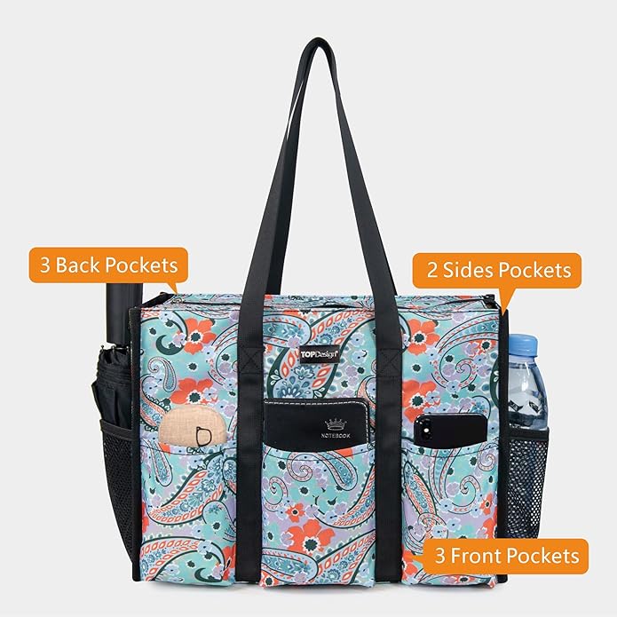 TOPDesign Utility Water Resistant Tote Bag with 13 Pockets, Top Zipper Closure & Thick Bottom Support, for Working Women
