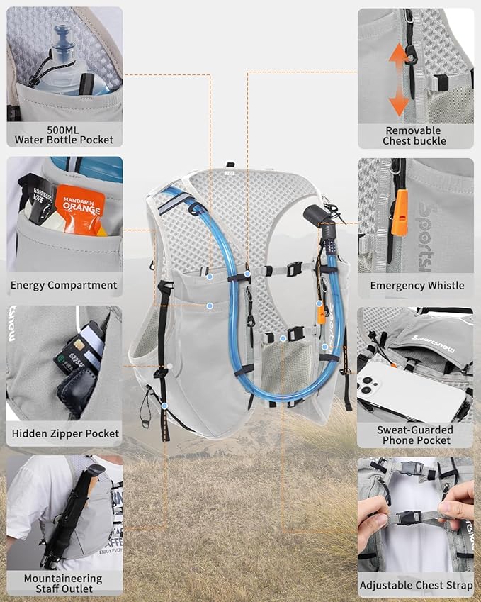 Sportsnew Running Vest for Women Men, Lightweight 10L Hydration Backpack with Waterproof Phone Pocket, Hydration Pack with Water Bladder for Hiking Trail