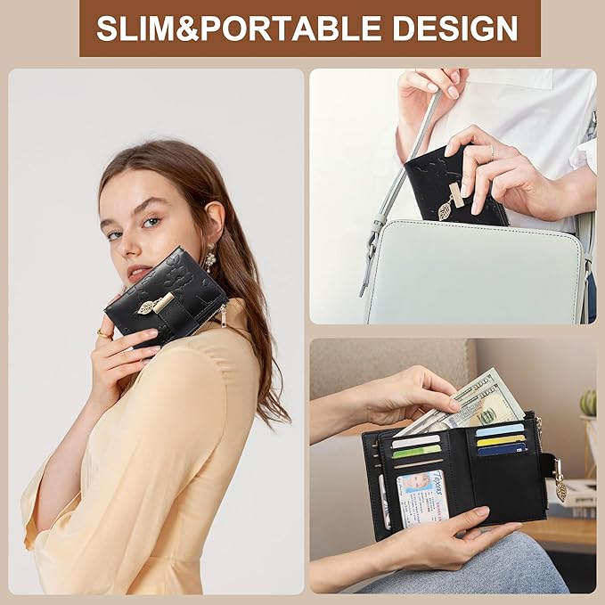 yiijay Small Wallet Women RFID Blocking Leather Bifold Wallet Credit Card Holder for Women Ladies Compact Wallet Mini Purse With Zipper Pocket