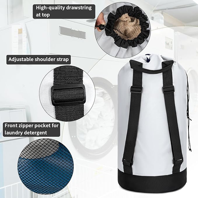 Laundry Bag Backpack with Shoulder Straps and Mesh Pocket Foldable Clothes Hamper Bag with Drawstring Closure for College, Apartment, Laundromat (White)