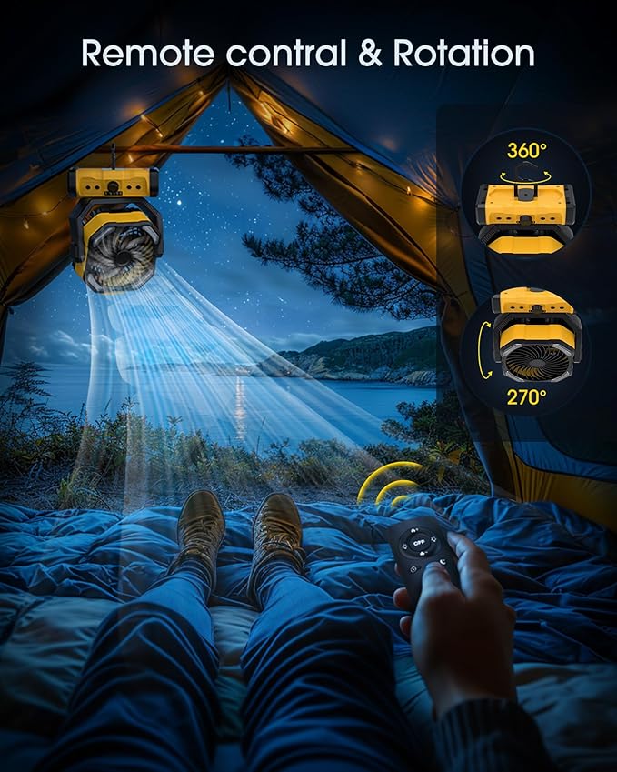 Portable Camping Fan Rechargeable - 20000mAh Cordless Battery Powered Fans with LED Lantern, Remote Auto Oscillating USB C Table Operated Tent Ventilador for Travel Outdoor Fishing Bedroom Home
