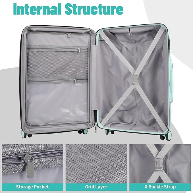 Lightweight Luggage with Spinner Wheels & YKK Zipper, 3-Piece Suitcase ABS+PC Hardside Hard Shell Luggage Set with TSA Lock, Light Mint Green (20+24+28 inch)