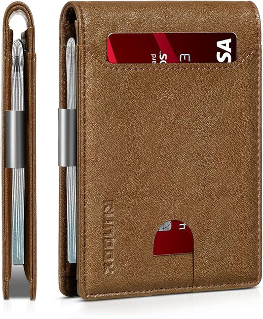 RUNBOX Slim Wallets for Men - Leather Money Clip Mens Wallet - RFID Blocking Front Pocket Bifold Wallet - Thin Credit Card Holder with Gift Box
