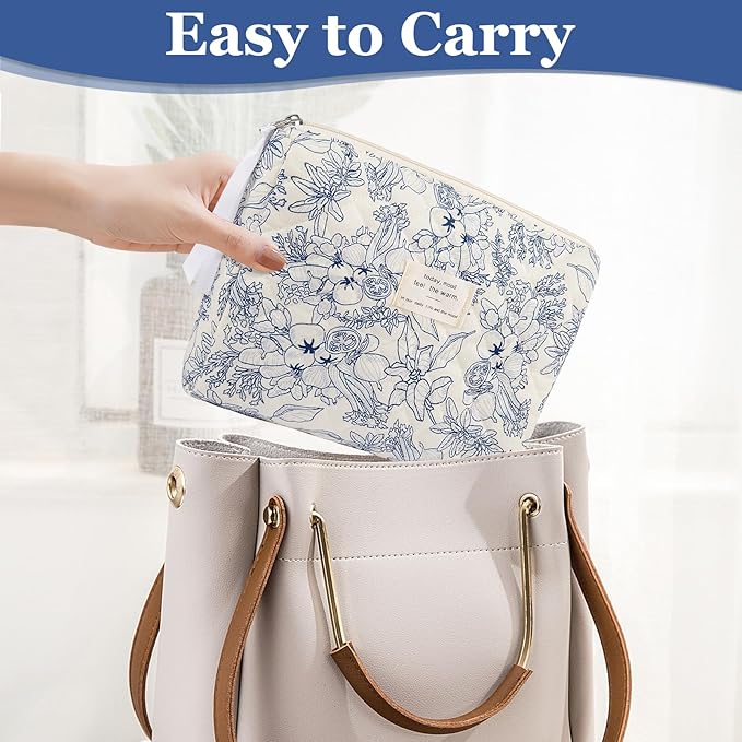 2PC Makeup Bag Set, Cute Cosmetic Bag for Women Girls, Floral Coquette Aesthetic Toiletry Bag, Travel Make Up Organizer Bag (White Blue Butterfly Flower)