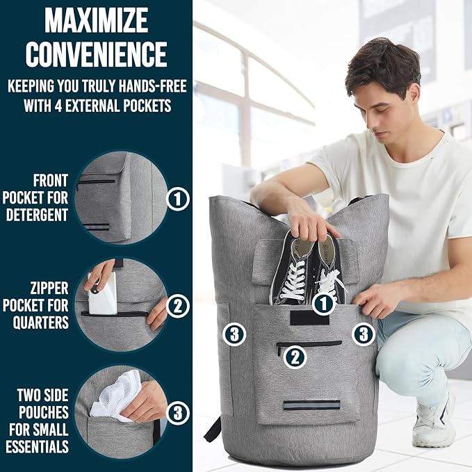 Laundry Bag With 4 Pockets，Laundry Bag With Shoulder Straps，Sturdy Laundry Backpack Heavy Duty，Large Clothes Hamper Bags 115L，College Laundromat Backpack For Dorm Room，Travel Laundry Bags XXL