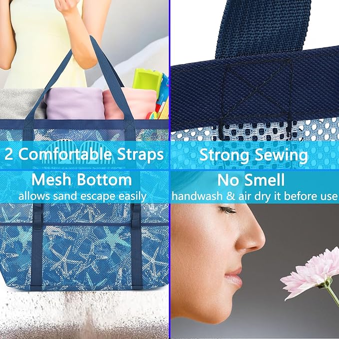 Mesh Beach Bag, Large Beach Tote with Zipper Pocket for Family Pool Bag for Toys & Vacation Essentials