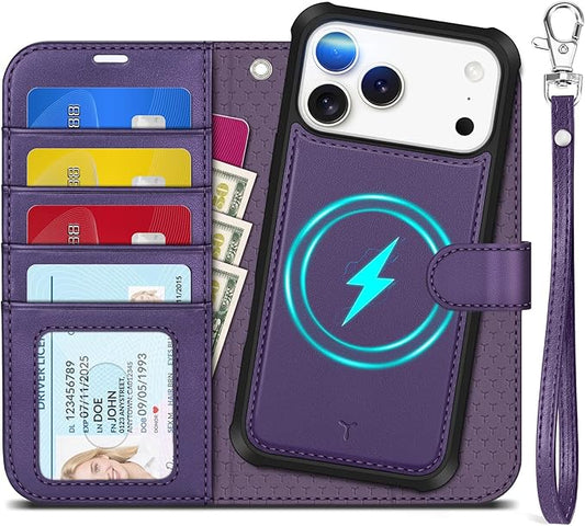 TUCCH 2-in-1 Removable Wallet Case for iPhone 17 Pro Max (6.9") 2025, Wireless Charging | RFID Blocking 4 Card Holders | Wrist Strap | Kickstand | Magnetic | PU Leather Protective Cover | Deep Purple