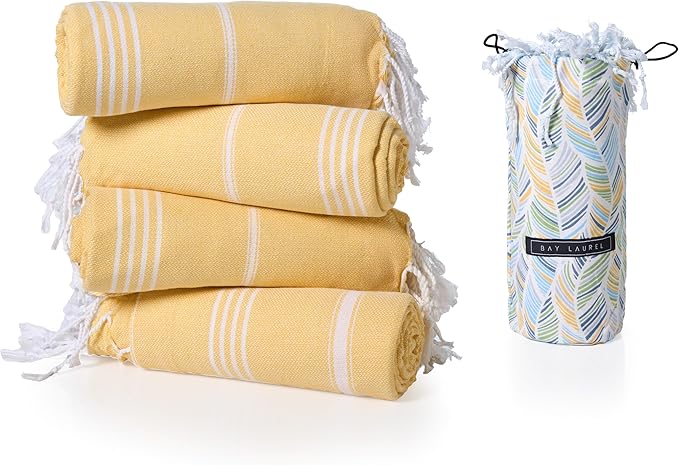 BAY LAUREL Turkish Beach Towel with Travel Bag 39 x 71 Quick Dry Sand Free Lightweight Large Oversized Towels Light - Pack of 4 (Pack of 4 - Dandelion with Floral Bag)