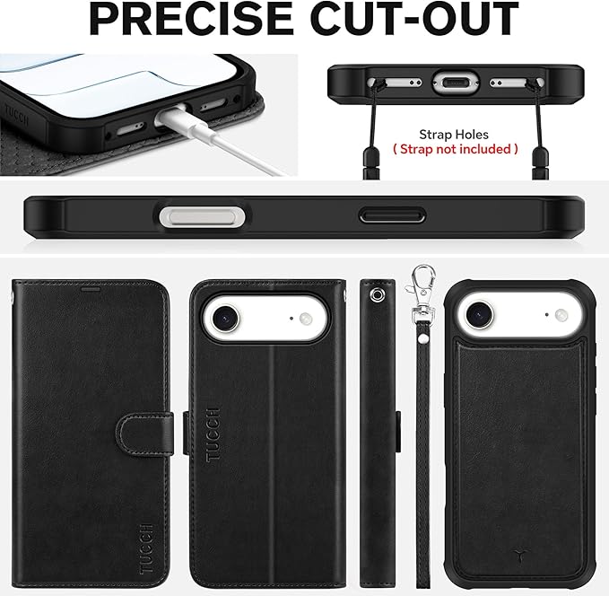 TUCCH 2-in-1 Detachable Wallet Case for iPhone Air (6.5") 2025, Wireless Charging | RFID Blocking 4 Card Holders | Wrist Strap | Kickstand | Magnetic | PU Leather | Protective Flip Cover | Black