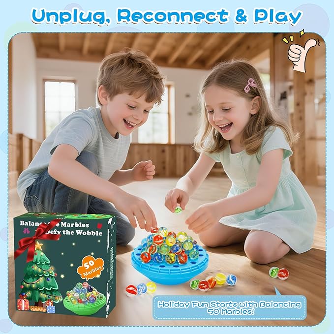 Marble Balance Game - 50 Colorful Marbles with Built-in Storage, Fun Family Challenge for 1-4 Players, Educational Toy for Kids & Adults, Perfect for Parties, Travel & Birthday Gifts (Blue)