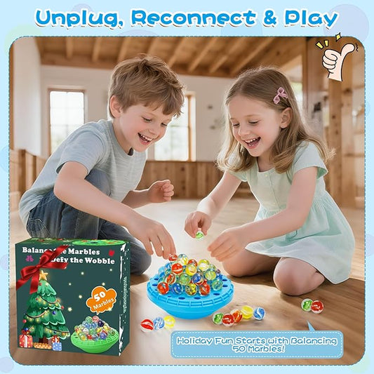 Marble Balance Game - 50 Colorful Marbles with Built-in Storage, Fun Family Challenge for 1-4 Players, Educational Toy for Kids & Adults, Perfect for Parties, Travel & Birthday Gifts (Blue)