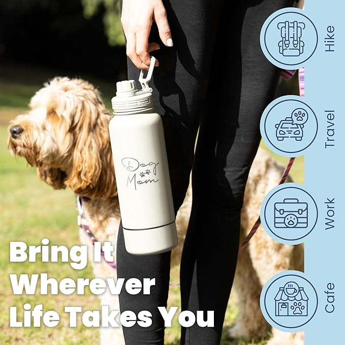 Dog Mom Water Bottle - 32 oz Stainless Steel Double Wall Insulated with 8 oz Detachable Bowl on Bottom - Cool Dog Mom Gifts for Women for Christmas, Birthdays or Gift from The Doggy - DM Cream