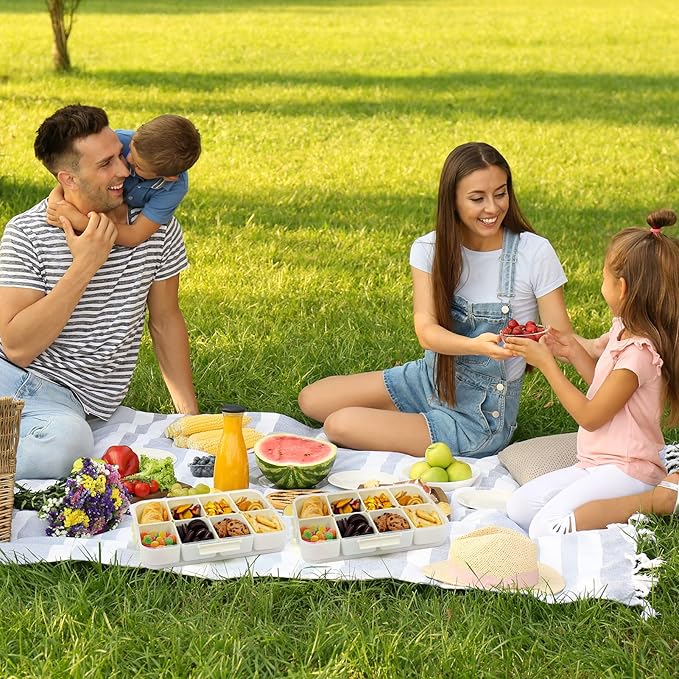 Air-tight Snackle Box Container Dishwasher Safe, Divided Serving Tray with Lid and Handle, Portable Snack Platters Containers for Candy Fruits, Charcuterie Organizer for Picnic 2PCS