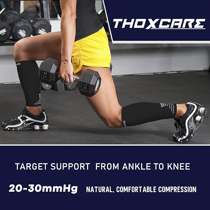 Thoxcare Calf Compression Sleeve for Men Women (1 Pair), Leg Support Footless Compression Socks for Running - Shin Splint Varicose Veins Swelling & Pain Relief, Black/Gray, Small
