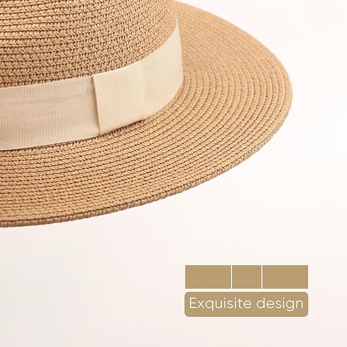 DRESHOW Women Straw Panama Hat Travel Fedora Beach Sun Hat Summer Wide Brim Straw Roll up Hat UPF 50+