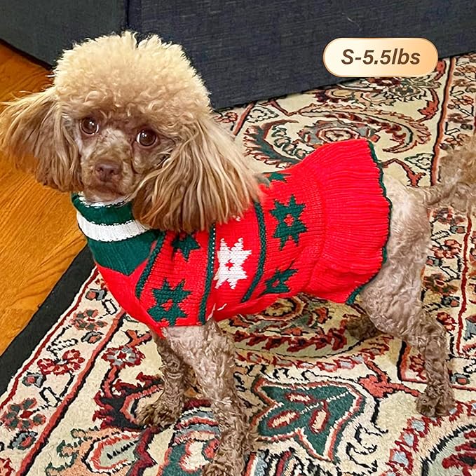 KYEESE Dog Christmas Sweater Warm Dog Sweater for Small Dogs with Leash Hole Knit Dogs Clothes Pet Coats Turtleneck Pet Sweater Dress with Snowflake Pattern, Red, Small