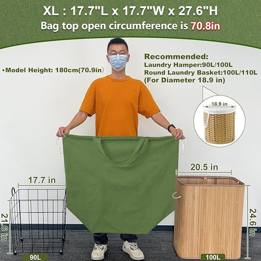Canvas Laundry Bags 18x18in with Handles & Square Base, Extra Large Heavy Duty Laundry Basket Hamper Liner, Washable Drawstring Dirty Clothes Bag Canvas Storage Sack (Army Green XL)