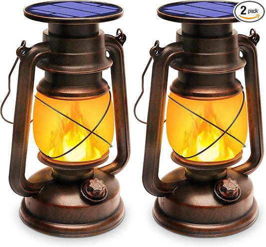 Solar Lantern Outdoor Waterproof,LED Vintage Flickering Flame Solar Lights,Camping Lamps,Solar Powered Hanging Rustic Heavy Duty Lantern Landscape Decor for Patio Garden Yard Deck Pathway,2Pack