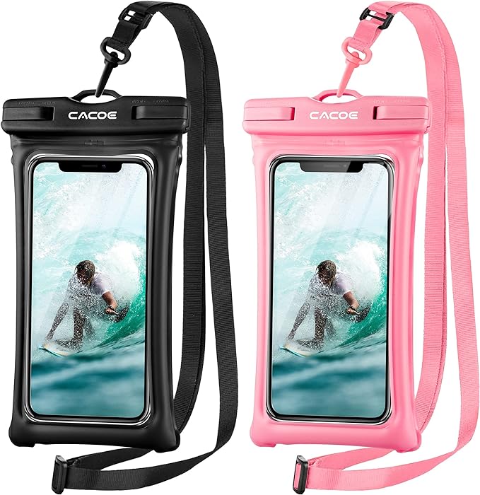 CACOE [Floatable] Floating Universal Waterproof Phone case 2 Pack-Up to 7.0",Phone Pouch with Adjustable Neck Lanyard,IPX8 Cellphone Dry Bags for Vacation Water Activities（Black+Pink）